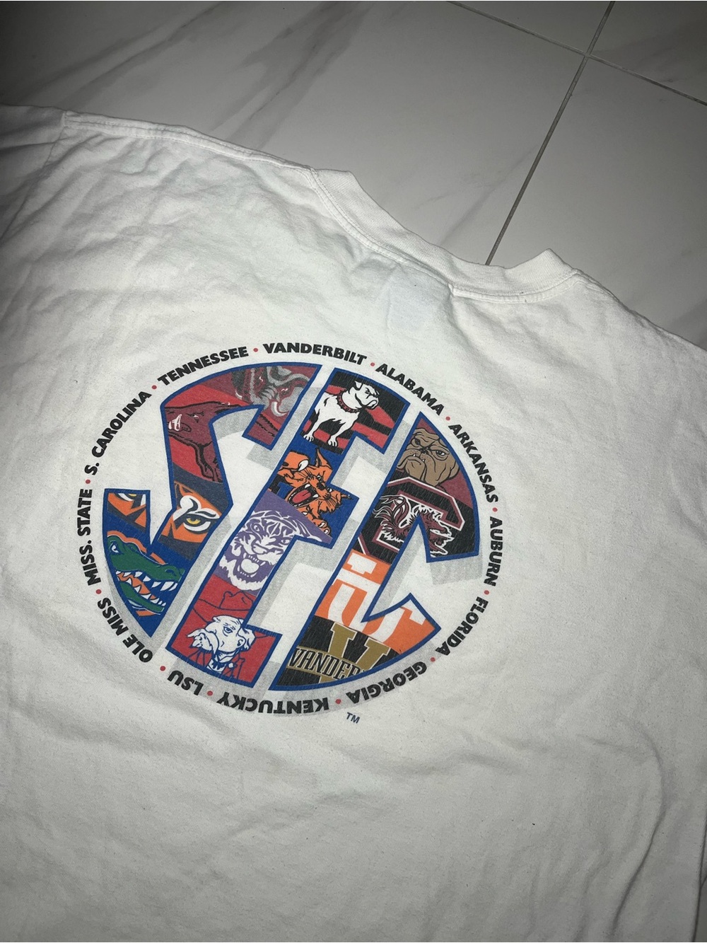 White Collegiate SEC Graphic Tee with Multi-Color Logo
